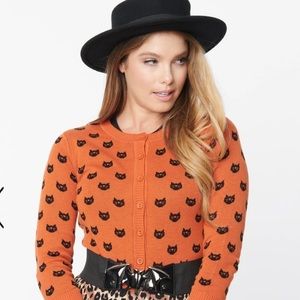 Orange & Black Cat Pattern Knit Cardigan
